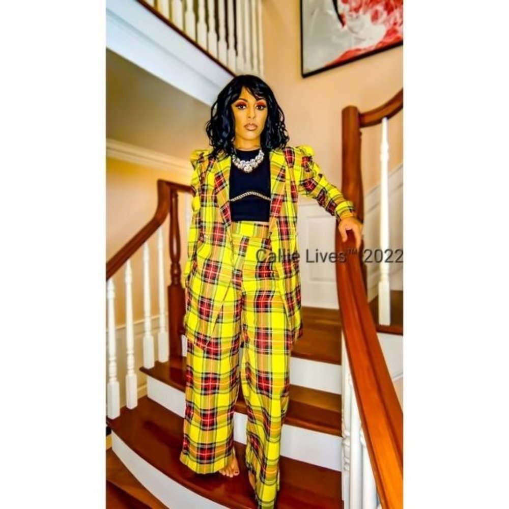 Callie Berry: Sunshine Yellow Puff Sleeve Plaid Oversized Palazzo Pant Medium - Picture 3 of 17